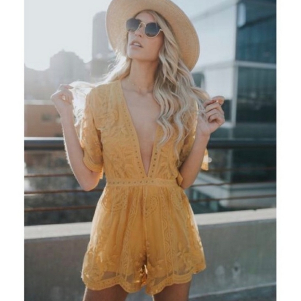 Honey Punch Mustard Lace Romper